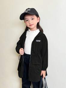 SHEIN Young Girl Casual Letter Print Zip-Up Drawstring Waist Woven Jacket In Fall/Winter - Black - View 3