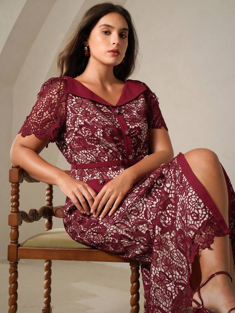 Women Plus Size Waist Cinching V-Neck Short Sleeve Elegant Lace Mid-Length Dress