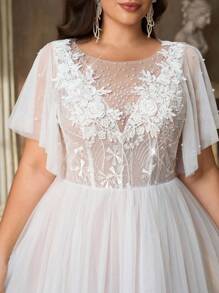 Aureia 加大码优雅浪漫奢华白色串珠亮片装饰连衣裙，飘逸荷叶边裙，适合晚会、派对、婚礼、蜜月、新娘 - 白色 - 查看 3