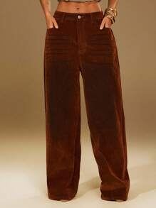 Denimoi Washed Denim Velvet Affect Straight Leg Baggy Jeans - Brown - View 5