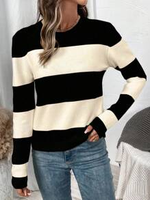 SHEIN Tall Áo len dệt kim kẻ sọc dày thời trang giản dị sang trọng đa năng cho kỳ nghỉ lễ của phụ nữ, mùa xuân/thu/đông - Nhiều màu - Xem 6