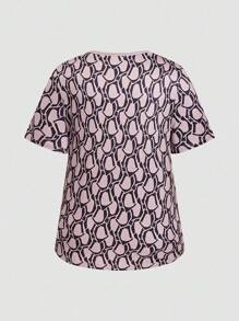 SHEIN 2pcs/Set Plus Size Beach Vacation Casual All-Over Print T-Shirt And Pants Set - Coffee Brown - View 3