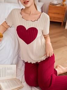 SHEIN 心形刺绣短袖和裤子休闲女士睡衣套装 - 彩色 - 查看 5