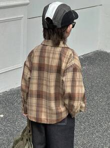 Dazy Kids 男童宽松格子长袖衬衫，休闲秋季款 - 棕色 - 查看 5