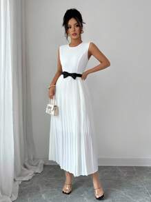 Elenzga 修腰法式优雅淑女连衣裙，复古奢华重褶白色和黑色蝴蝶结，鸡尾酒会通勤百搭 A 字连衣裙 - 白色 - 查看 4