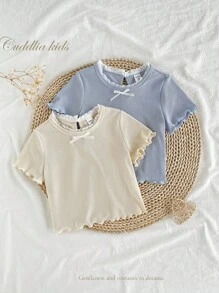 SHEIN 2 pièces Ensemble pour jeunes filles, débardeur uni abricot avec bordure bleue et col blanc à fleurs, débardeur à dos nageur avec fermeture à boutons