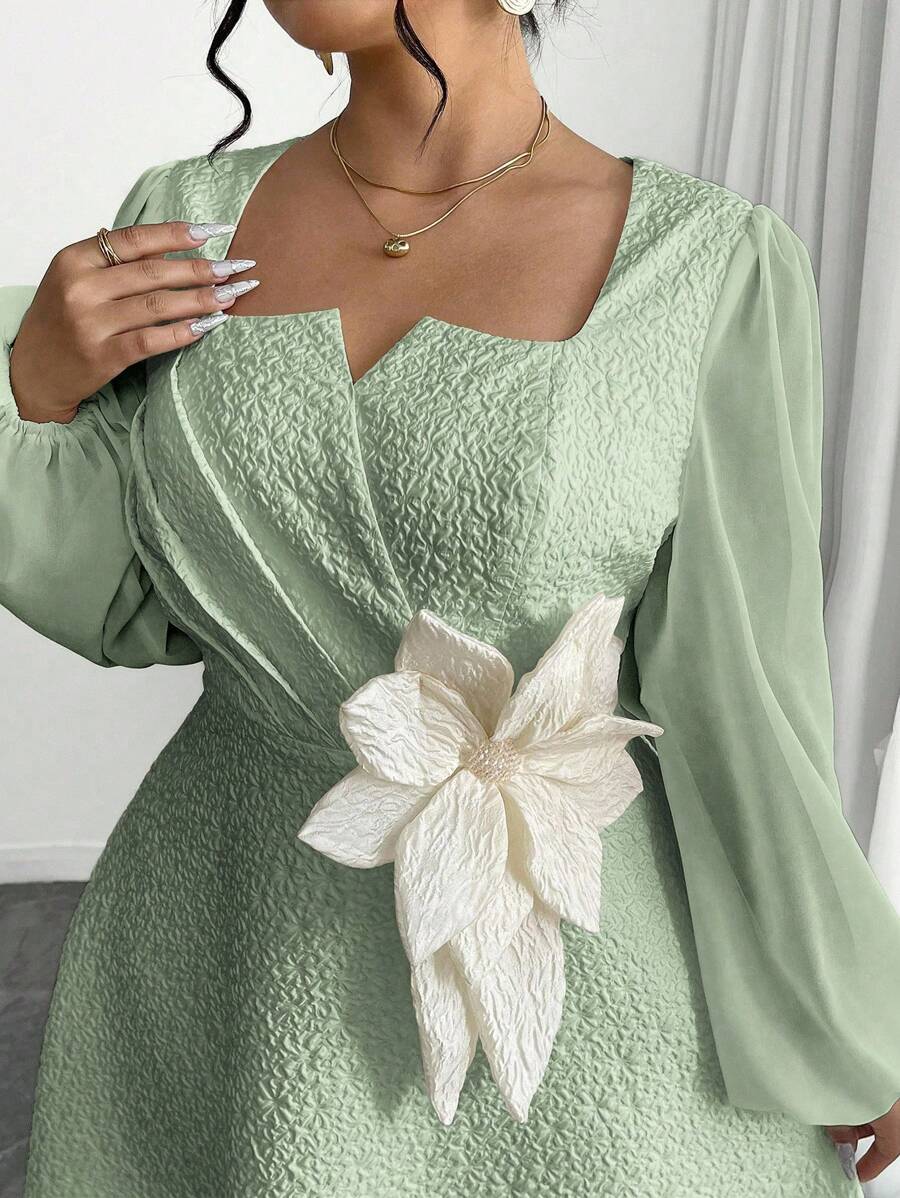 Modelyn Women Plus Size 3D Music Floral Decor Long Sleeve Dress Fall Cloth For Women - Green - View 1