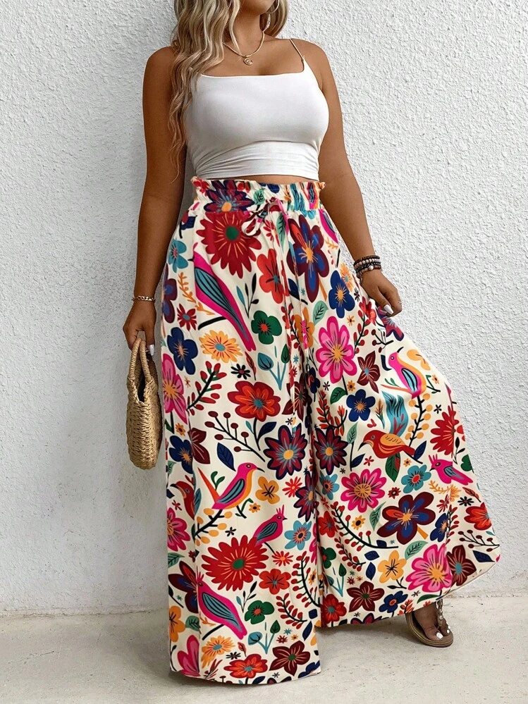 SHEIN Holidaya Pantalon large à imprimé floral coloré grande taille - Rose vif - Voir 4