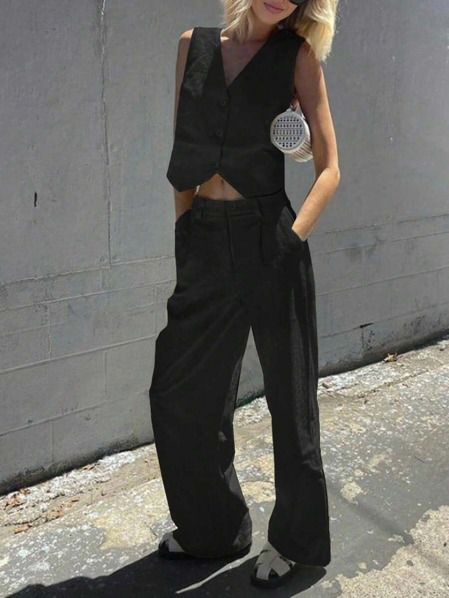 INAWLY Bộ 2 quần không tay cổ chữ V cài nút phía trước cho nữ và túi trang trí - màu đen - Xem 1