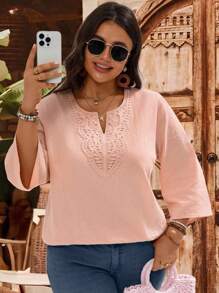 EMERY ROSE 大码女式休闲宽松简约粉色缺口衬衫，适合日常穿着波西米亚风衬衫 V 领女式衬衫秋季女式乡村音乐会、外出上衣