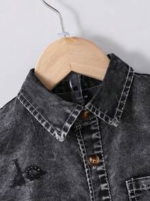 SHEIN Genkimix Kids 男童单排扣短袖衬衫和牛仔短裤休闲两件套 - 深灰色 - 查看 7