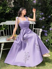 Modelyn Đầm Maxi Tank Top Thanh Lịch Thêu Hoa Cho Nữ - Màu tím - Xem 1