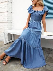 EMERY ROSE Women's Square Neck Ruffle Trim Elegant Dress