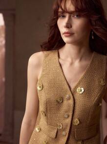 MOTF PREMIUM STEREO FLORAL SEQUINS BUTTON UP WAISTCOAT - Khaki - View 6