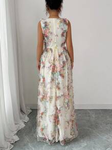 Elenzga Gaun Wanita Elegan Romantis Model Mengembang, Tanpa Lengan, Leher V, Pinggang Terikat, Bahan Jaring Kasa Bermotif Bunga - MultiWarna - View 2