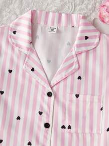 2 件套青少年女孩黑色爱心和粉白条纹短袖上衣和短裤休闲舒适睡衣套装睡衣短裤套装返校时尚