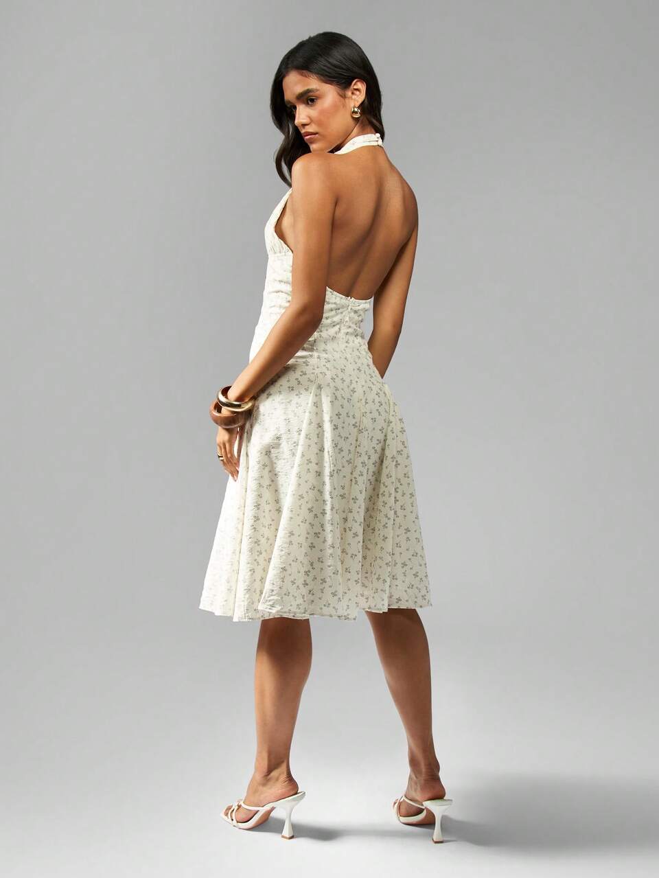 MISSGUIDED Delicate Floral Button Front Halter Midi Dress Summer Wedding Guest Empire Waist Tea Party Garden Sundress Vintage Inspired Feminine Design