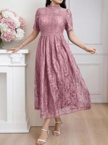 Modelyn 大码纯色蕾丝拼接时尚派对礼服宝蓝色正式礼服长款晚礼服 - 粉色 - 查看 6