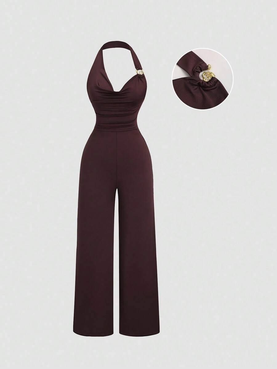 Sweetra Petite Petite Brown Sleeveless Metal Buckle Halter Knitted Jumpsuit, Comfortable & Slimming Design, Spring/Summer - Brown - View 1