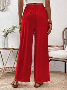 SHEIN LUNE Loose Straight Elastic Drawstring Textured Wrinkled Fabric Spring Summer Pants - Red - View 2