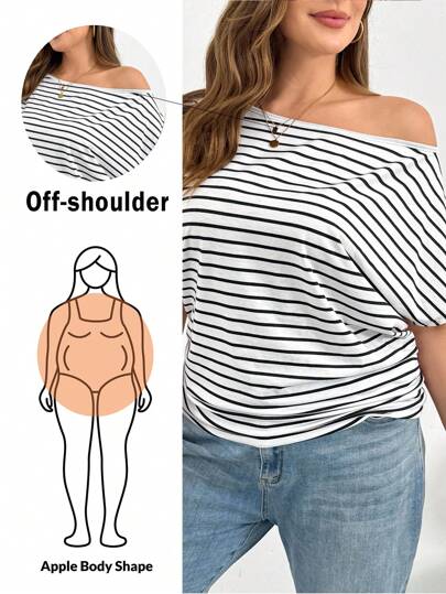 SHEIN Essnce Plus Size Women's Spring And Summer Fashion Casual Loose Comfortable Slim Daily Black And White Striped Off-Shoulder Short-Sleeved T-Shirt, Simple Style,European Summer,Work Tops,Cruise Women Outfits,Summer Tops Women,Off The Shoulder Top