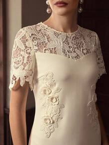 ZEYLAH Women's Crew Neck Short Sleeve Fitted Extra Long Lace Embroidered Dress, Autumn/Winter