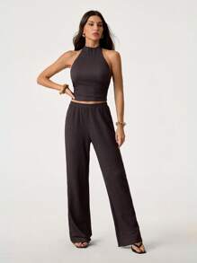 SHEIN Tall 2pcs/Set Women Vacation Casual Solid Color Backless Tank Top And Long Pants