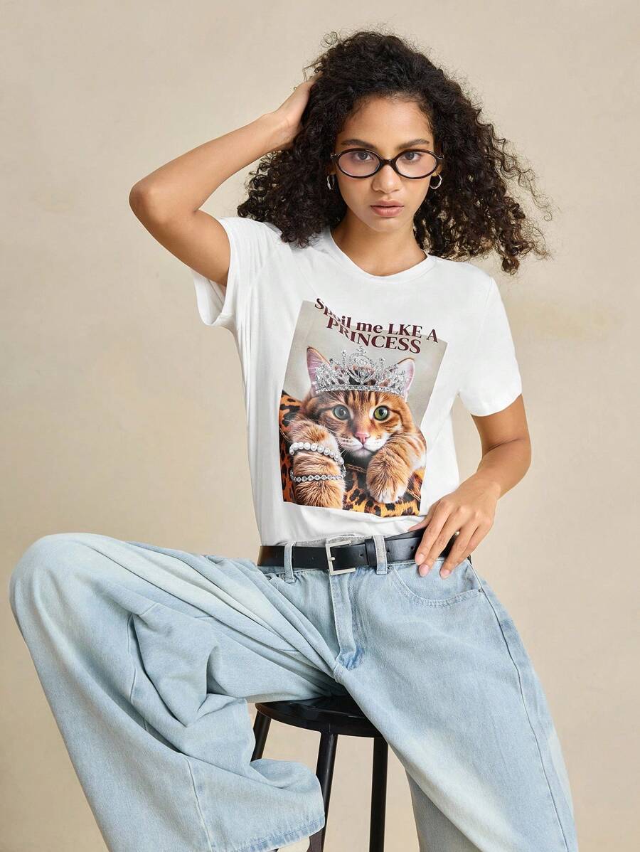 INAWLY Women's White Summer Casual Everyday Regular Comfortable Anamarija Fashion Texas T-Shirt Pattern Print Round Neck Short Sleeve Beautiful Ladies Top - White - View 1