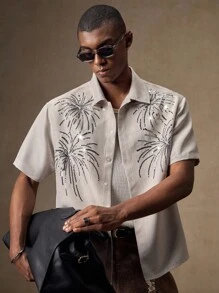 AKNOTIC Business Casual 男士杏色手工刺绣烟花反光亮片刺绣休闲宽松短袖衬衫，时尚适合日常穿着、度假、派对、毕业典礼、海滩、家庭聚会、礼物 - 杏色 - 查看 1