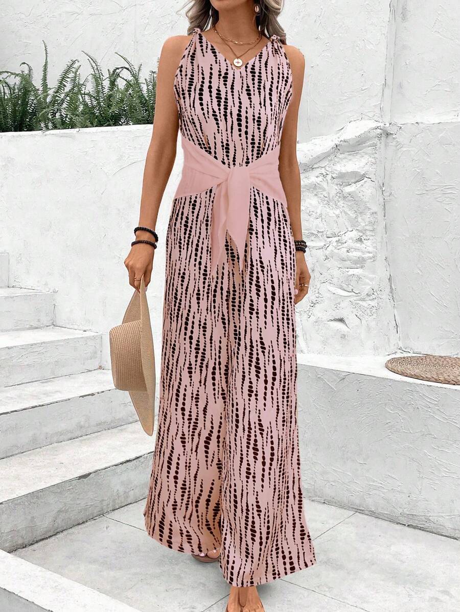 Chiquease V领扭结吊带全身印花阔腿连体裤，适合大学生穿着。 - 粉色 - 查看 1