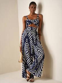 Zivah 2025 新款夏秋休闲度假扭纹吊带镂空后背印花女长款连体衣，藏青色，婚礼季，派对，度假，海滩海边度假，波西米亚风，毕业装，日常旅行，早午餐装，旅行，机场装 - 藏蓝色 - 查看 7