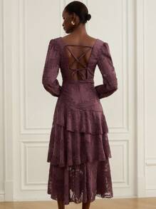 GENKIRA 优雅浪漫精致深V领性感红黑花卉随机印花层叠雪纺长袖女式连衣裙 - 紫丁香色 - 查看 2