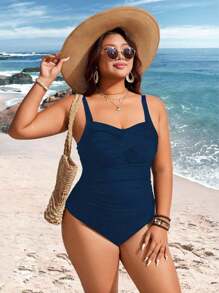 Swim Lushoire Plus Size Women One-Piece Ribbed Simple Stylish Vacation Everyday Slimming Cross-Over Monokini Swimsuit For Summer