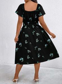 Flirla Plus Size Women Floral Print Drawstring Elastic Waist Dress - Black - View 2