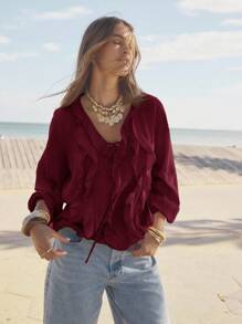 Aralina Ruffled V-Neck Long Sleeve Front Tie Blouse