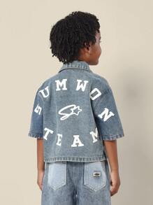 SUMWON 夏季棉质牛仔夹克短袖宽松校队字母印花队服休闲街头装领扣男童儿童青少年时尚 - 藍色 - 查看 1