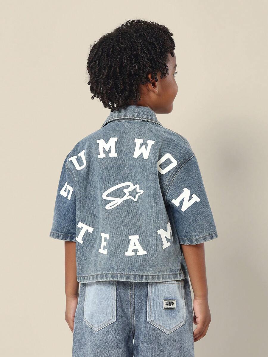 SUMWON 夏季棉质牛仔夹克短袖宽松校队字母印花队服休闲街头装领扣男童儿童青少年时尚 - 藍色 - 查看 1