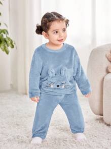 Babygirl Cute Cartoon Pattern Fluffy Long Sleeve Top And Elastic Waist Pants Set, Autumn/Winter Cute Sets Baby Girl Winter Clothes Baby Girls Sets Baby Girl Warm Sets 2 Pieces Winter Clothing Fall - Blue - View 3