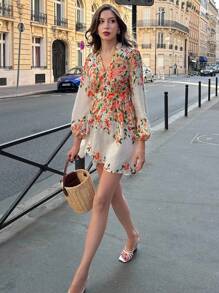 Pariaura Women's Vacation Floral Print V-Neck Lantern Sleeve Fashionable Dress Fall Cloth For Women