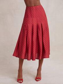 NYA SZN Skirt Print Polka Dot Minimal Pleated Midi Summer Spring Length Skirt, Office Casual Brunch Cowboy Modest Elegant Festival Fashions Church Outfits For Women - Red - View 4