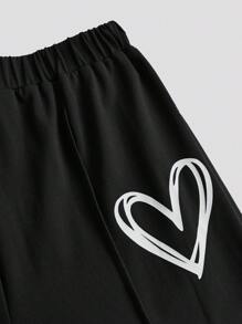 SHEIN Girlism 2 件套青少年女孩休闲宽松圆领针织花卉褶皱上衣和短裤套装，黑色，舒适的日常穿着，适合日常、返校、节日家庭户外春季野餐和街头服饰等各种场合 - 黑色 - 查看 7