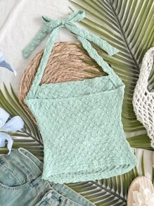 SHEIN Tween 女童提花针织方领蝴蝶结前背心 - 薄荷藍 - 查看 2