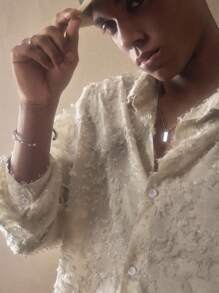 AKNOTIC Men's White Floral Jacquard Casual Loose Fit Long Sleeve Collared Shirt, Suitable For Summer, Autumn, Vacation, Daily Wear, Party, Men's Gift, Fall - Apricot - View 3