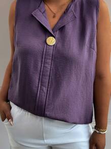 EMERY ROSE Plus Size Women Solid Color Casual V-Neck Sleeveless Metal Button Regular Tank Top - Purple - View 6