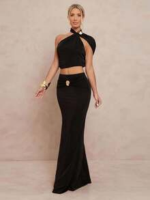 Lumalex Fall Winter 2pcs/Set Slim Asymmetric Metal Decor Halter Neck Top And Mini Skirt For Women Black Two Piece Set Women Two Piece Long Skirt Set Black Skirt Set Elegant Two Piece Set Black Two Piece Outfit Gathering Party Banquet Modest Old Money Coquette Glitter Holiday Party Rave Festival Outing Vacation Hot Outdoor Richly Layered Wedding Season Banquet Coming Christmas New Year