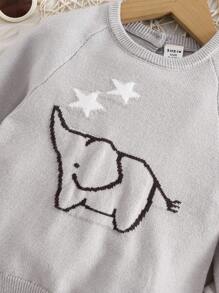 SHEIN 可爱大象图案针织毛衣和裤子套装，长袖圆领套头衫和裤子，可作为外套或打底衫 - 灰色 - 查看 3