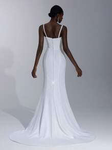 SHEIN Belle فستان زفاف طويل النذيل مفتوح الظهر بلا أكمام مطرز بتصميم زهري أنيق وبشق طويل - أبيض - مشاهدة 4