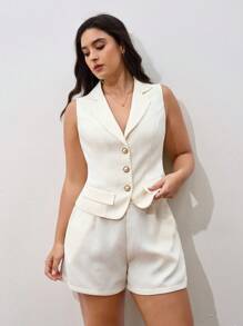 Chikora Plus Size Women Solid Color Lapel Collar Single-Breasted Vest + Shorts Elegant Suit, 2pcs Set Teacher Outfits Plus Size Business Casual Woman Curve Going Out Outfits Winter Clothes Fall Clothes Plus Size