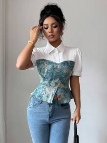 Elenzga Camisa con estampado floral de textura 2 en 1 para primavera/verano - Multicolor - Ver 5