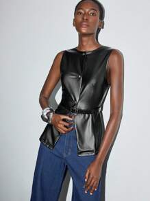 Maija 1 件女式纯色 PU 皮革单排扣无袖时尚西装外套 - 彩色 - 查看 3